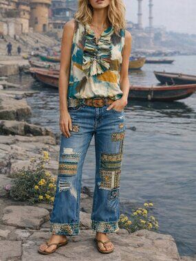 Silk Printed Brushstroke Blouse w/ Ruffle Neck Detail (0328)